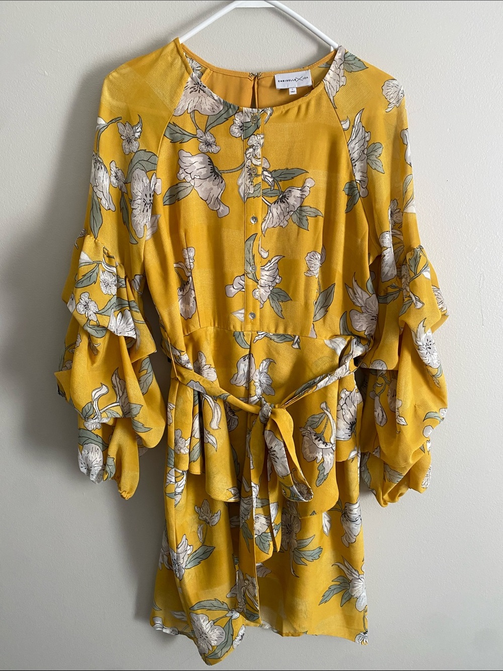 Chriselle X J.O.A Revive Yellow Floral Tie-Waist Ruffled Sleeve Tiered Dress